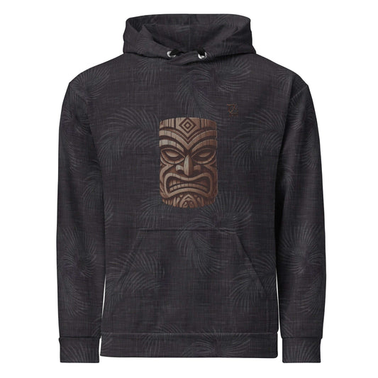 Stylish Hawaiian hoodie featuring a bold tiki mask design on a tropical patterned background, perfect for a casual look.