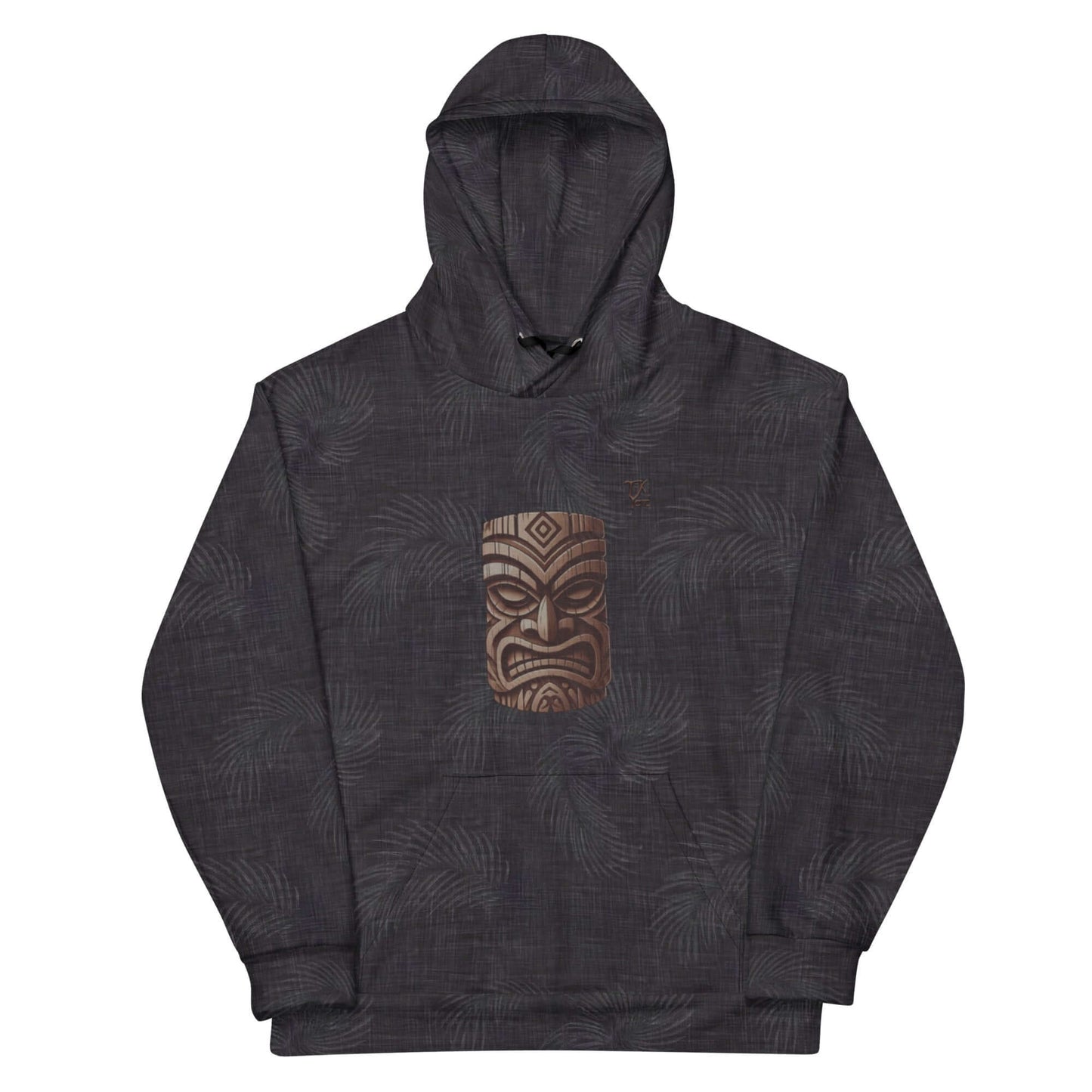 Hawaiian hoodie featuring a bold tiki mask design and tropical patterns, perfect for a stylish island-inspired look.