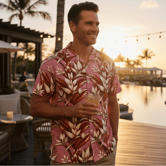 Lanai Delight Hawaiian shirt lifestyle photo - man wearing shirt at luxury resort terrace during sunset cocktail hour