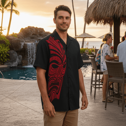 Twisted Tiki Eruption Hawaiian shirt lifestyle photo - man at resort poolside bar during happy hour