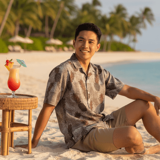 Pineapple Haven shirt lifestyle photo - person wearing shirt at tropical beach paradise resort