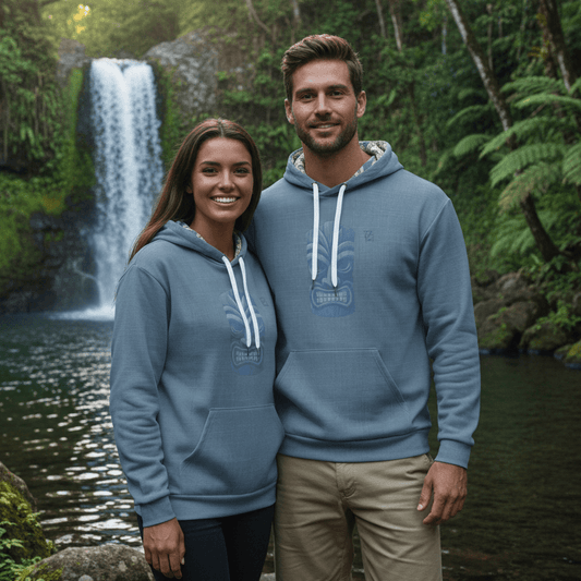 Couple wearing matching Kailua Tiki pullover hoodies with tonal tiki mask design at tropical waterfall