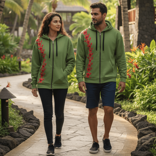Man and woman wearing matching Aloha Twist olive green zip hoodies with coral plumeria flowers walking through tropical resort garden pathway