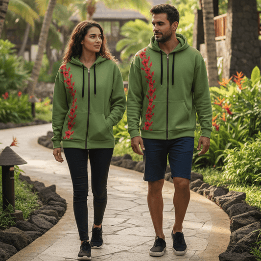 Man and woman wearing matching Aloha Twist olive green zip hoodies with coral plumeria flowers walking through tropical resort garden pathway