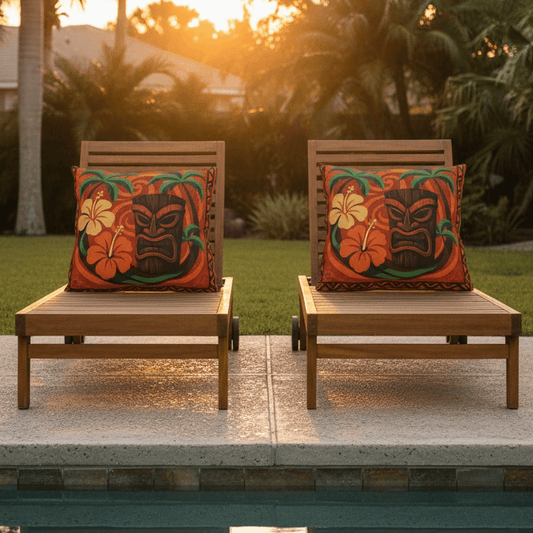 The Polynesian outdoor throw pillows on teak lounge chairs beside backyard pool at sunset