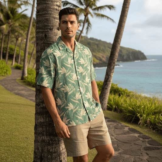 Man wearing Lealea Cascade Hawaiian shirt with tropical foliage leaning against palm tree on coastal trail