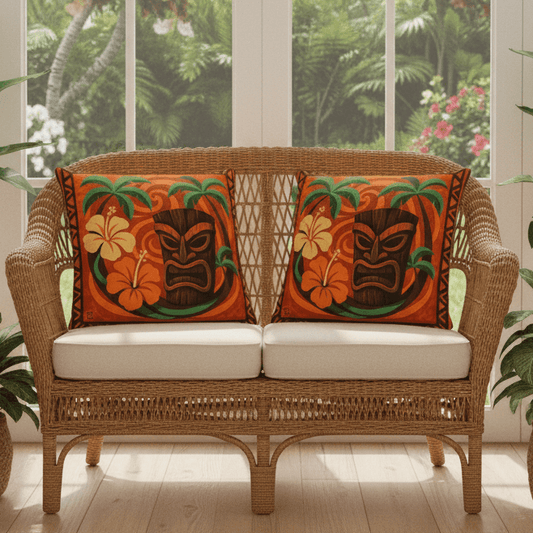 The Polynesian indoor throw pillows on wicker furniture in bright Hawaiian sunroom