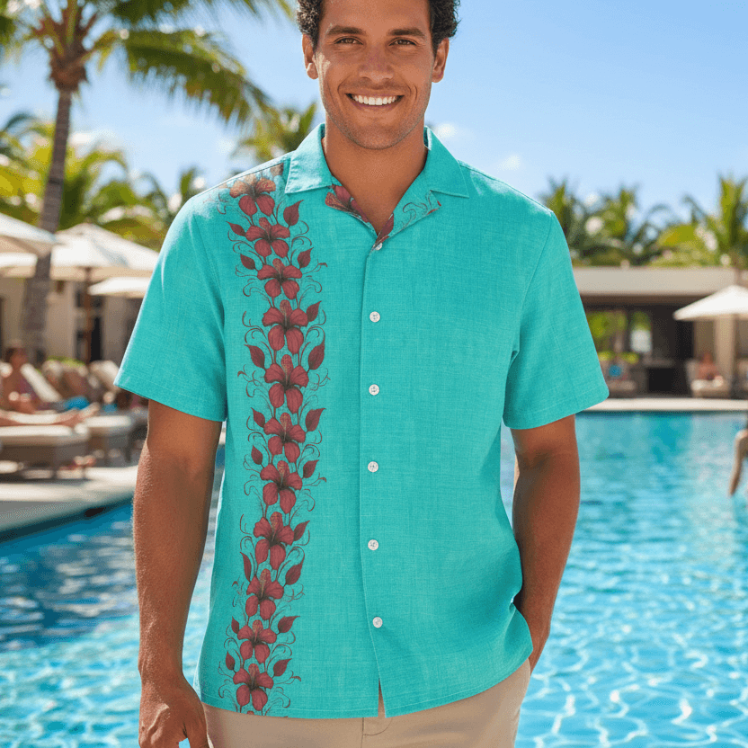 Aurora Aloha Hawaiian shirt lifestyle photo - person wearing shirt at luxury resort pool