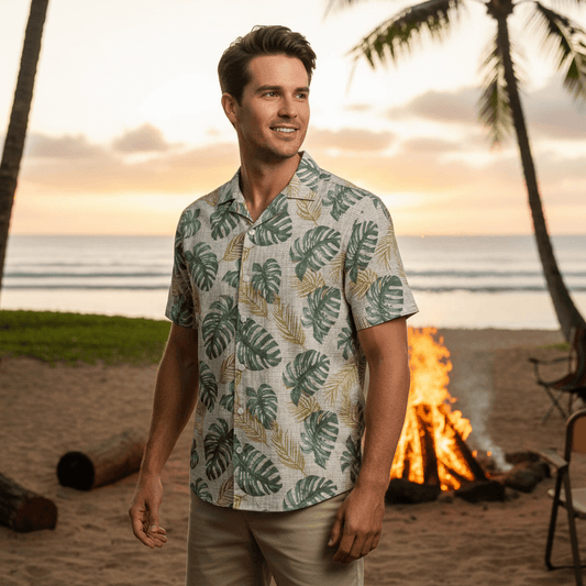 Lanai Drifter Hawaiian shirt lifestyle photo - man at Hawaiian beach bonfire area with palm trees at sunset