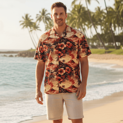 Lava Flow Hawaiian shirt lifestyle photo - man wearing shirt on Hawaiian beach with ocean and palm trees