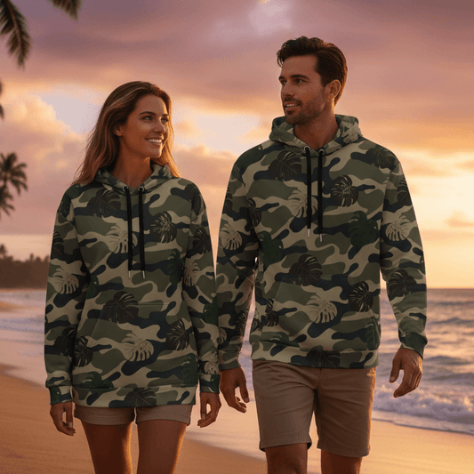 Couple wearing matching Island Ops camo hoodies with monstera leaves walking on Hawaiian beach at sunset