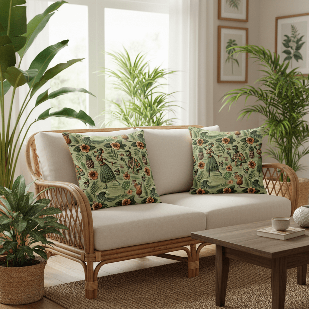 Dead Luau indoor throw pillows on rattan furniture in tropical living room with indoor plants