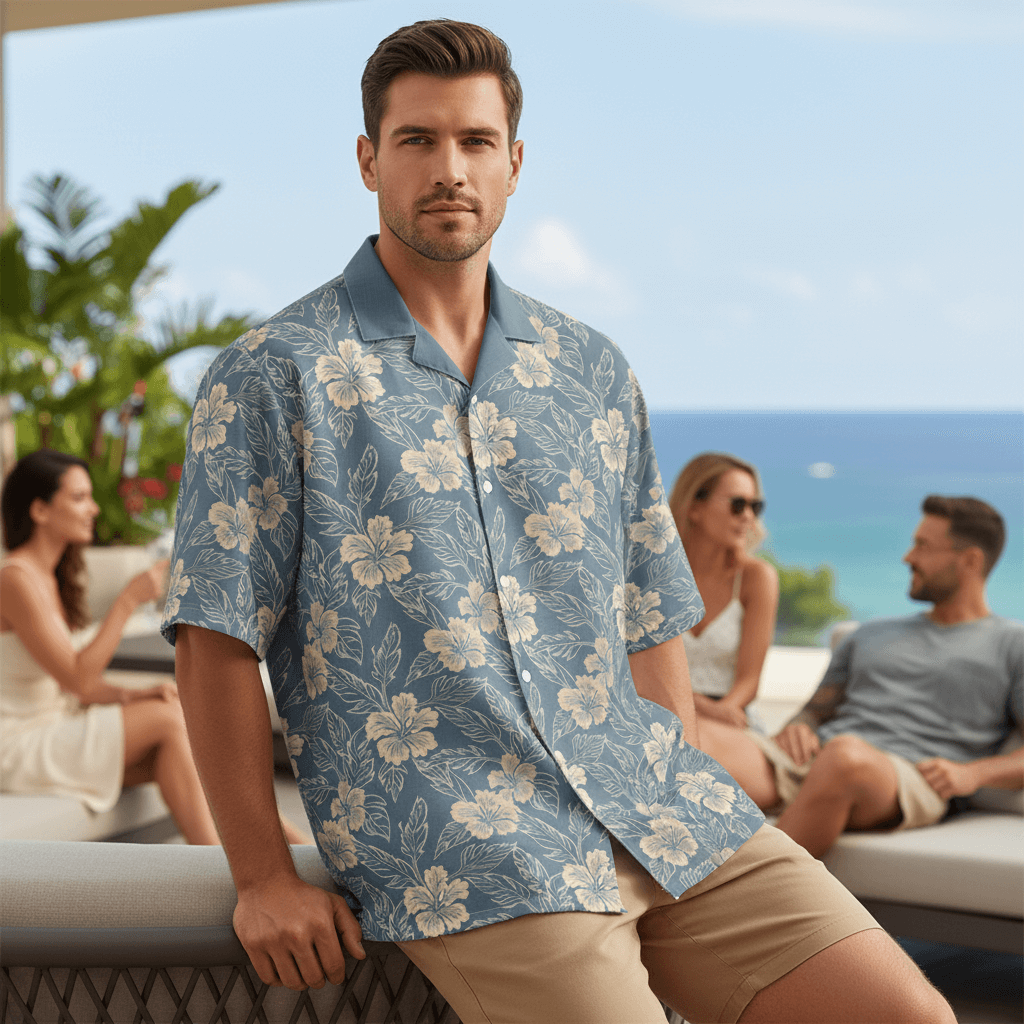 Man wearing Kailua Opus Hawaiian shirt with slate blue base and cream hibiscus flowers casually leaning on modern furniture at upscale resort terrace