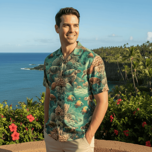 Honu Kai Hawaiian shirt lifestyle photo - man at oceanfront overlook with sea turtle viewing area
