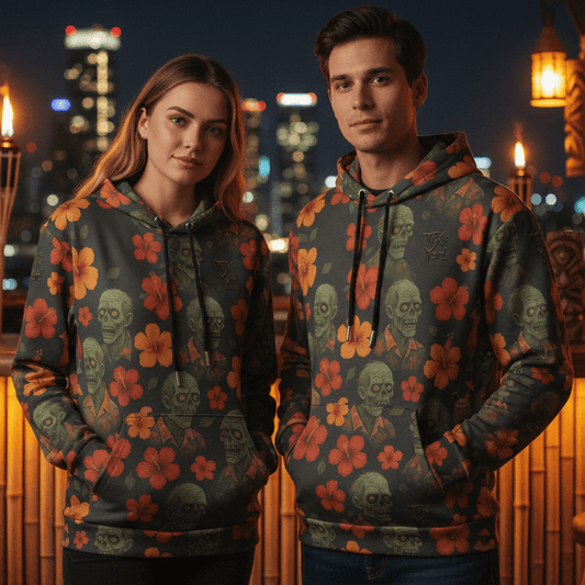 Zombie Aloha Hawaiian hoodie - couple at rooftop tiki bar