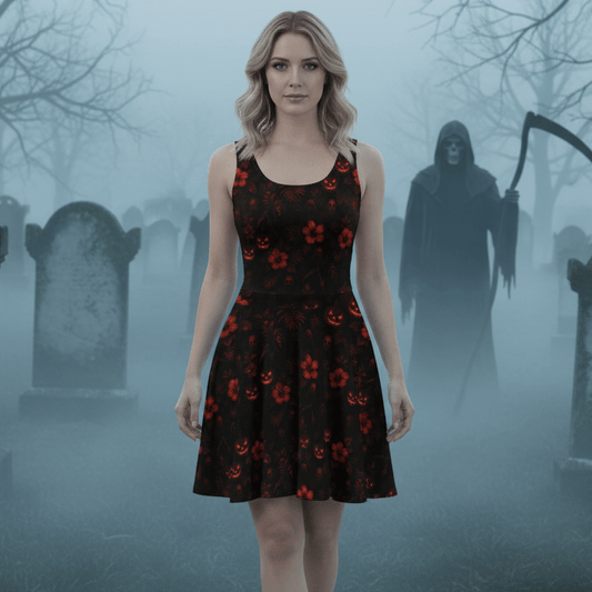 Woman wearing The Reapers Aloha Hawaiian dress in foggy graveyard with Grim Reaper