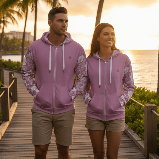 Couple wearing matching Kailua Pink zip hoodies with white hibiscus flowers walking on coastal resort boardwalk at golden hour
