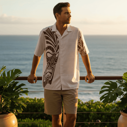 Man wearing Twisted Tiki Hawaiian shirt on oceanfront resort terrace at sunset