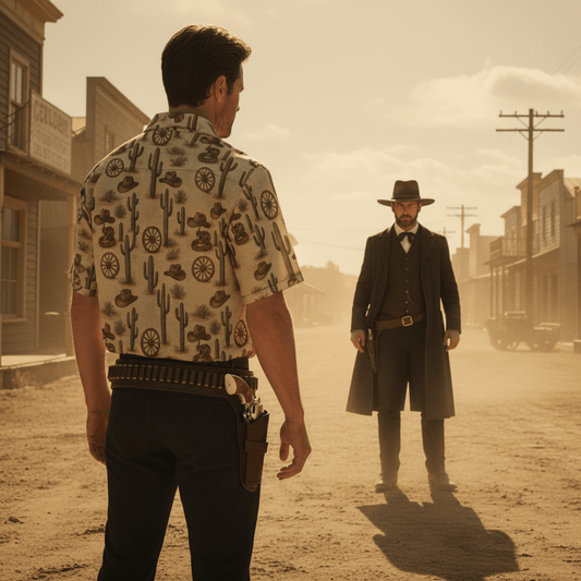 Wild West duel scene featuring Arizona Frontier shirt - When cool shirts make you slightly over confident