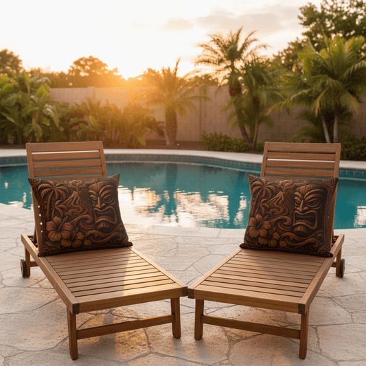 Island Chocolate Factory outdoor throw pillows on teak lounge chairs beside backyard pool at sunset