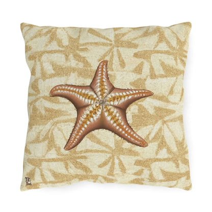 Island Star outdoor throw pillow featuring a realistic starfish design on a sandy beige background with coastal patterns.