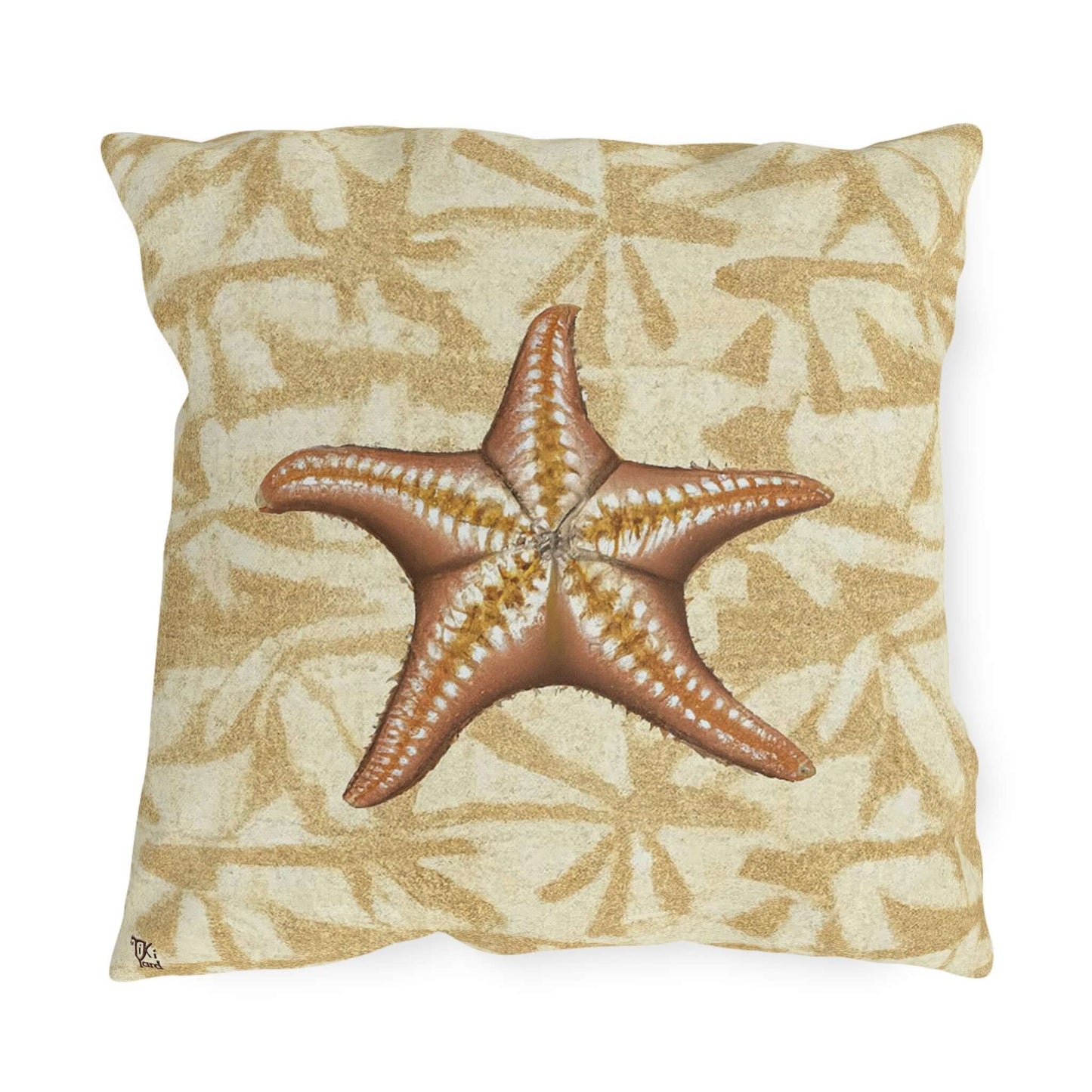 Island Star outdoor throw pillow featuring a realistic starfish on a sandy print, perfect for coastal decor.