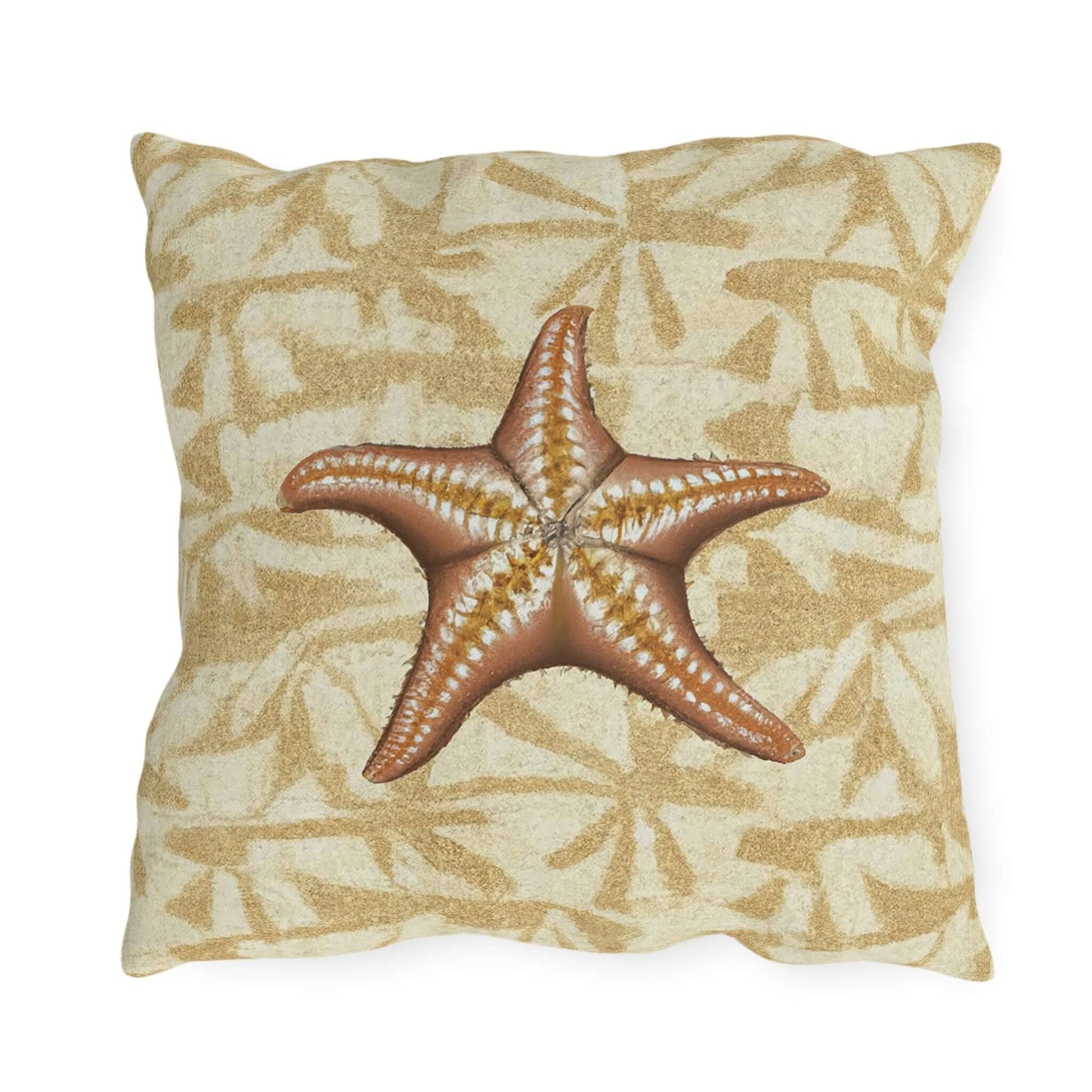 Island Star outdoor throw pillow featuring a realistic starfish on a sandy patterned background.