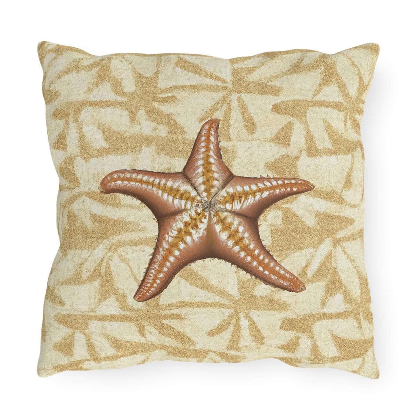 Island Star outdoor throw pillow featuring a realistic starfish on a sandy background with subtle sea-inspired patterns.