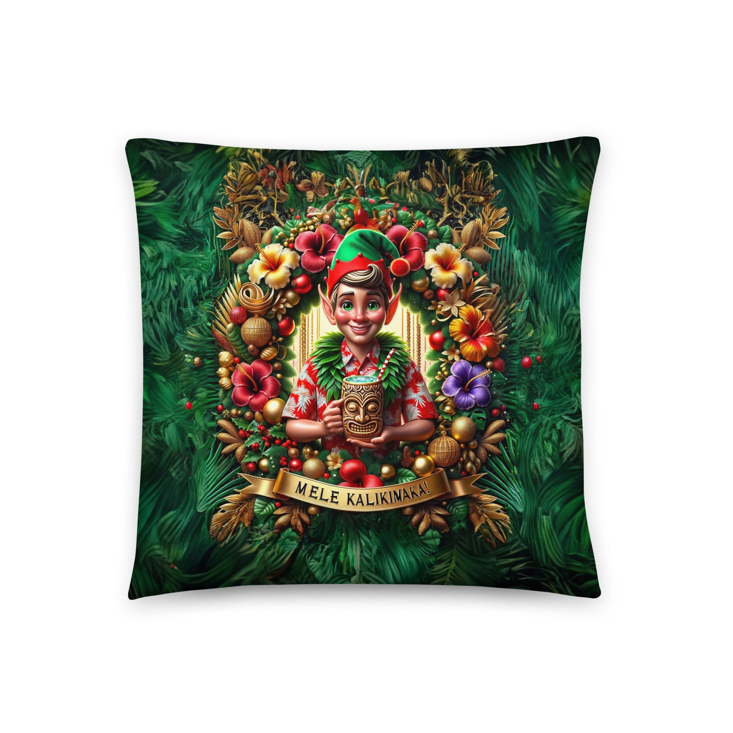 Elf's Christmas Aloha - Indoor Christmas Throw Pillow