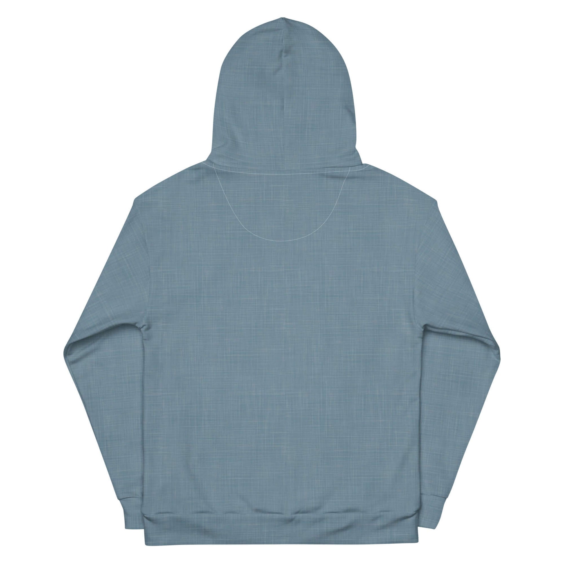 Plain blue hoodie with no visible design, showing the back view with hood.