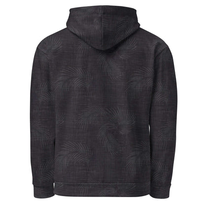 Back view of a black Hawaiian hoodie featuring subtle palm patterns, ideal for stylish, casual wear