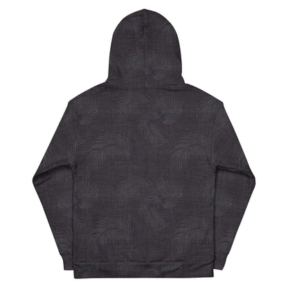 Back view of a black Hawaiian hoodie with subtle palm leaf pattern, stylish and casual