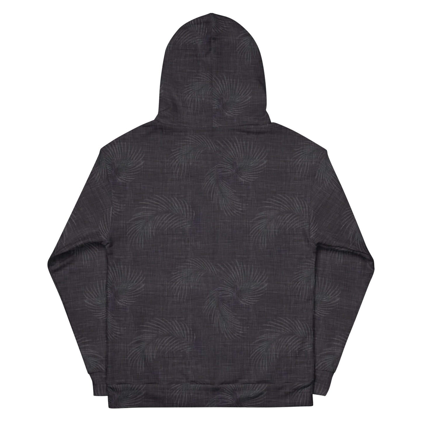 Back view of a dark Hawaiian hoodie with subtle palm leaf patterns.