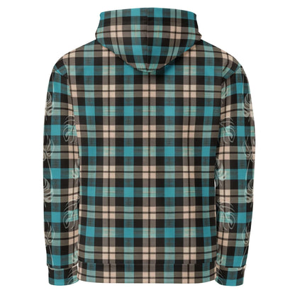 Stylish blue and brown plaid pattern hoodie with a hood, viewed from the back.