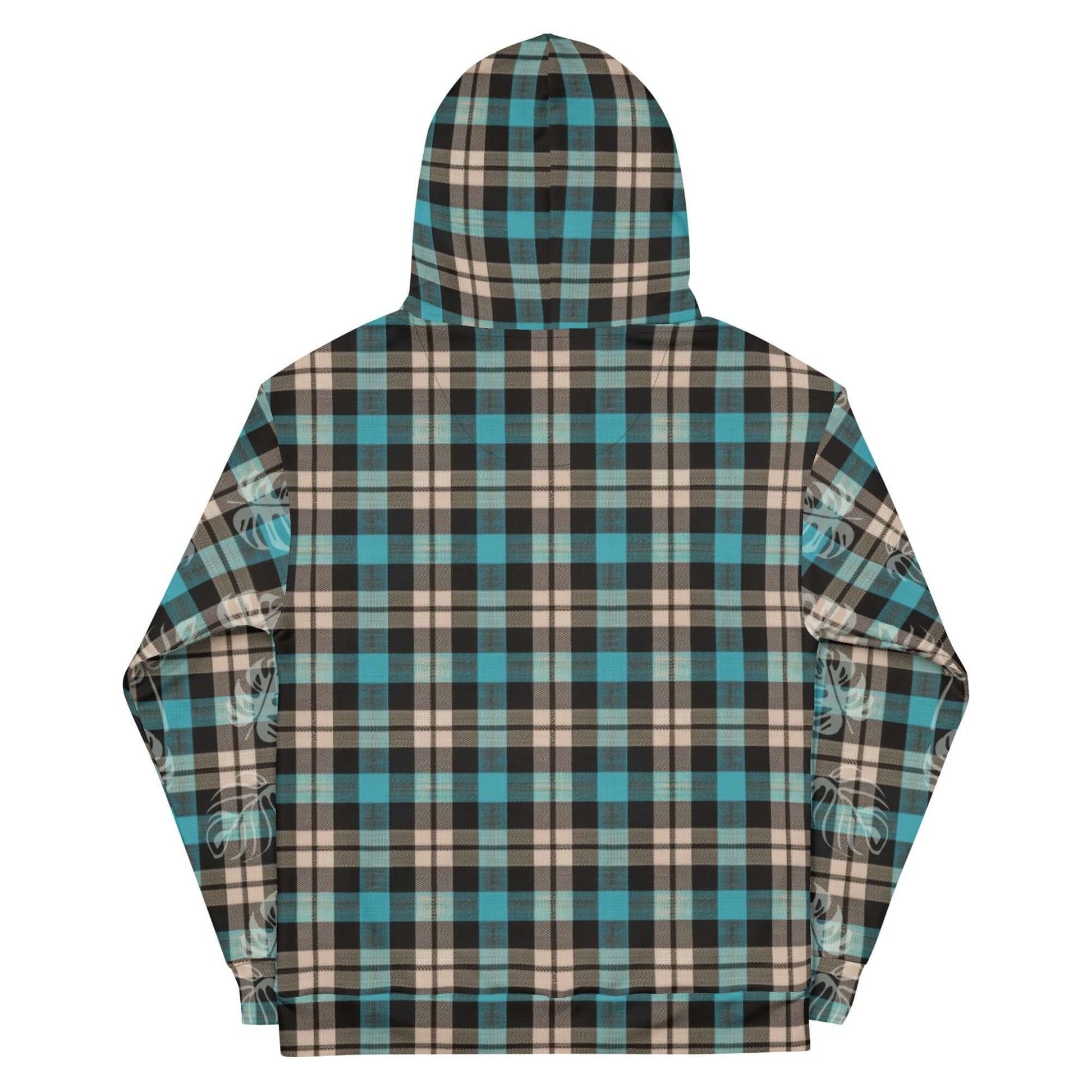 Stylish plaid hoodie in shades of blue, black, and beige with full hood and long sleeves, rear view