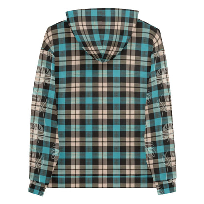 Stylish plaid hoodie in turquoise and brown with hood detail, rear view, for casual fashion