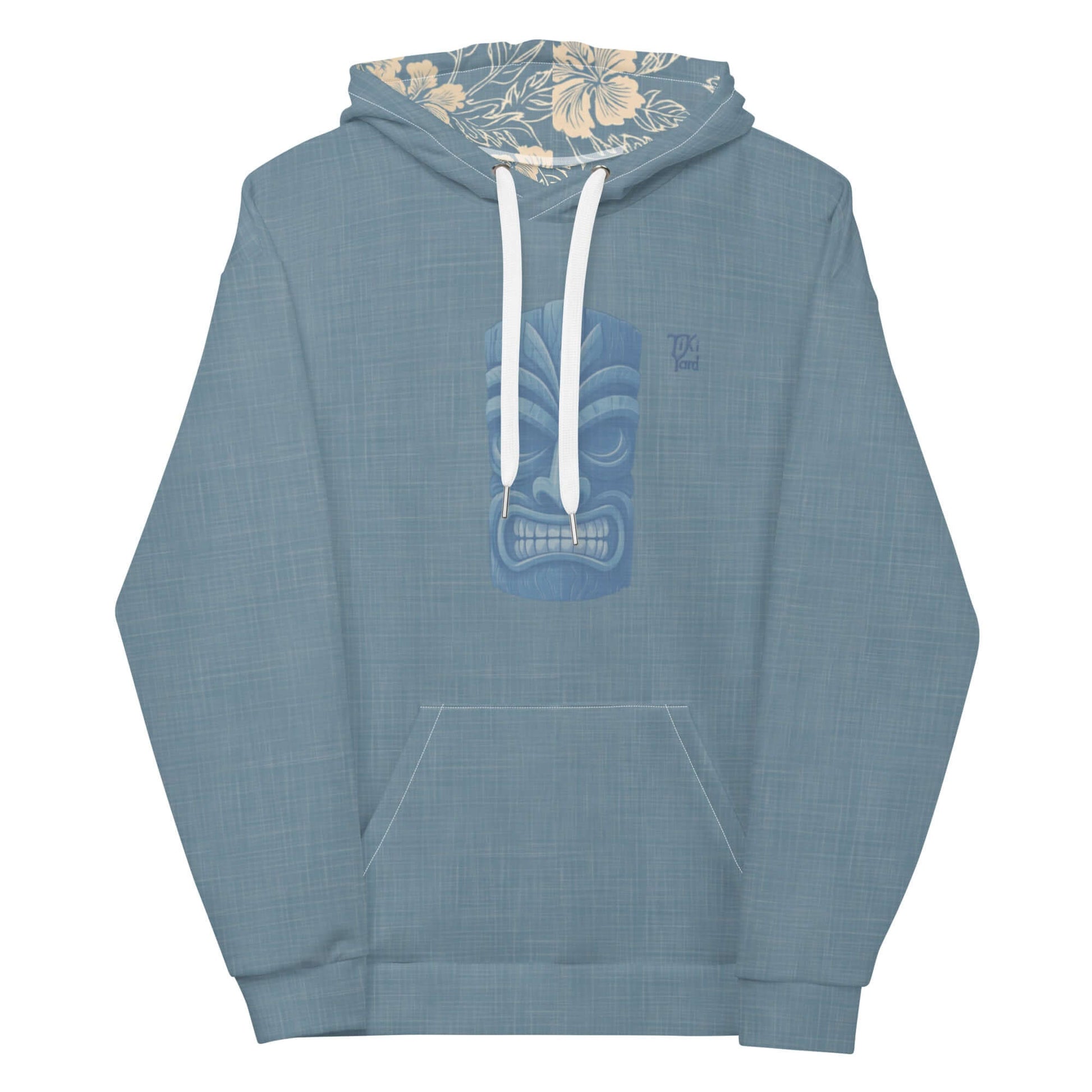 Kailua Tiki Hawaiian Hoodie in blue with tiki mask design and hibiscus floral print inside hood, front view.