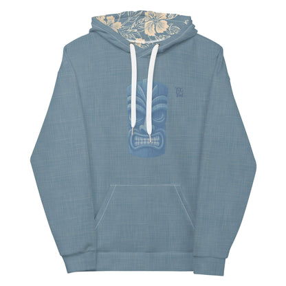 Kailua Tiki Hawaiian Hoodie in blue with tiki mask design and hibiscus floral print inside hood, front view.