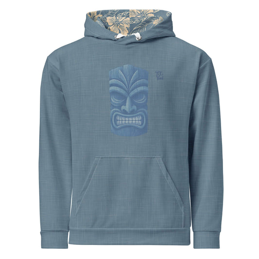 Kailua Tiki Hawaiian Hoodie in blue with tiki mask design and floral print inside hood, stylish and warm