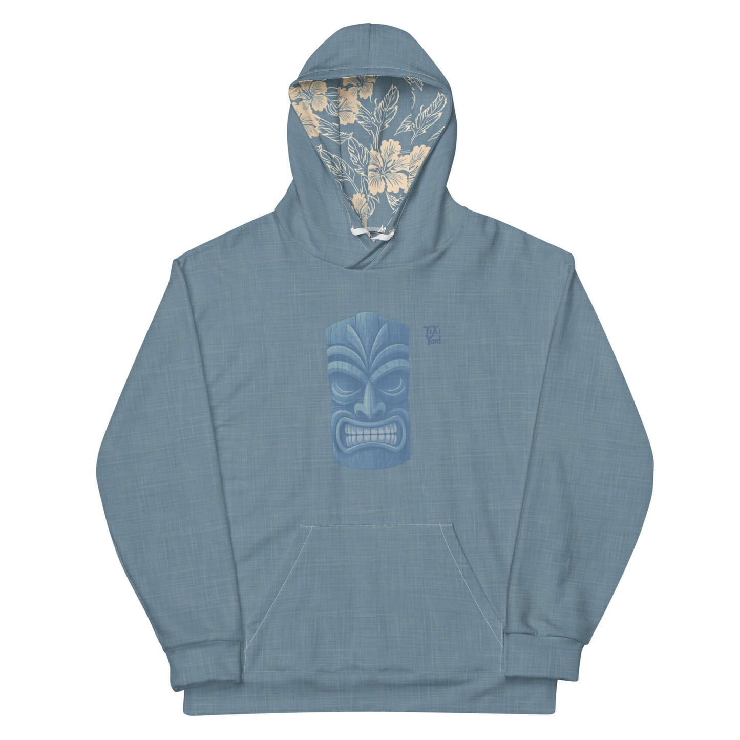 Kailua Tiki Hawaiian Hoodie with tiki mask design and hibiscus floral print inside hood, perfect for island style fashion.