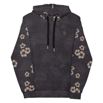 Tropical Eclipse Hawaiian Hoodie with hibiscus flower print on sleeves and subtle tropical patterns on dark fabric