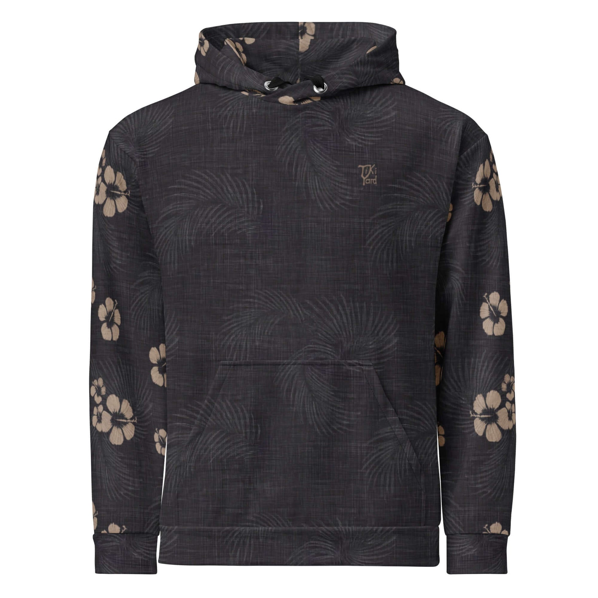 Stylish Tropical Eclipse Hawaiian Hoodie featuring a hibiscus flower print on sleeves and hood, perfect for a casual chic look.