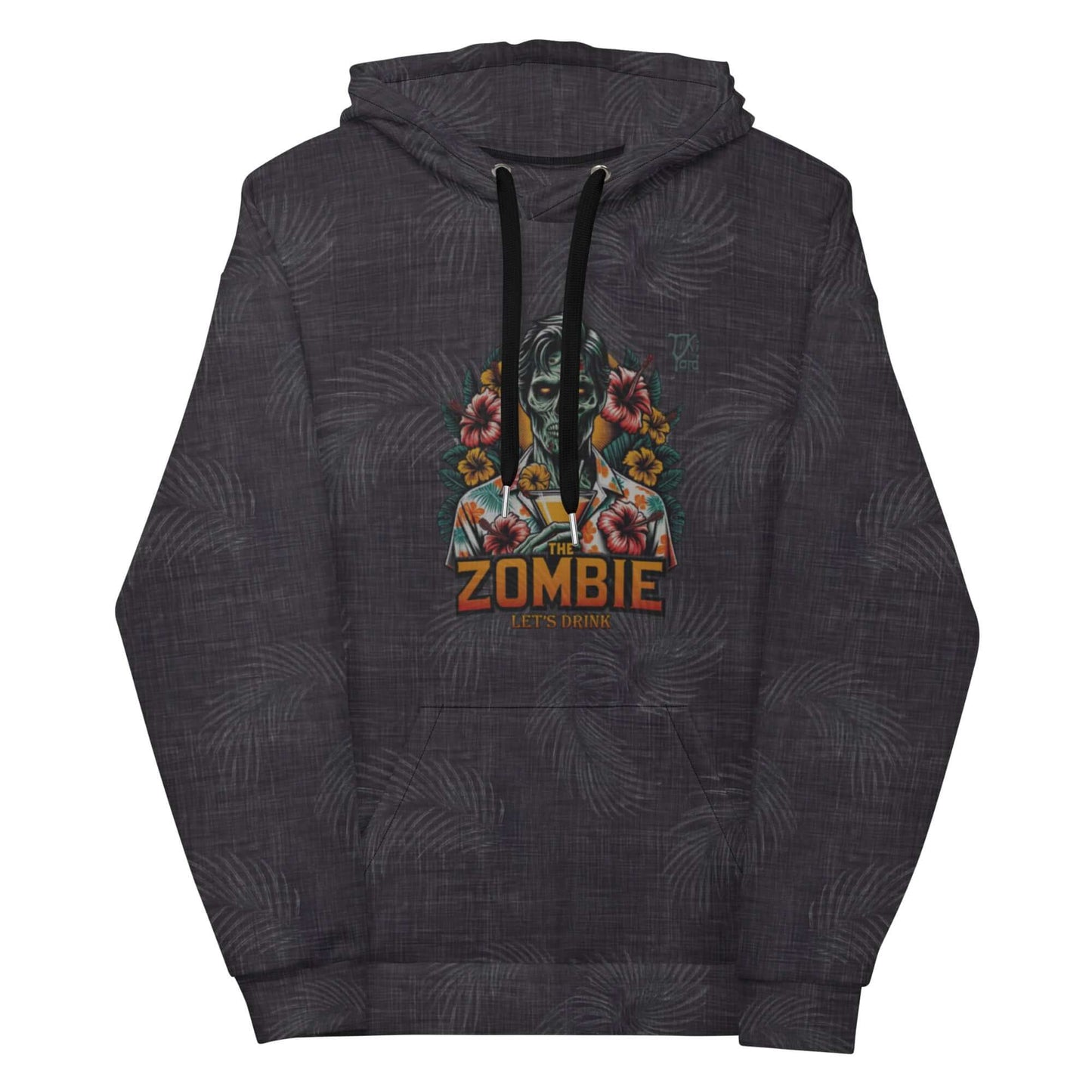 Hawaiian-themed black hoodie with a zombie drinking a cocktail design, titled "Let's Drink," surrounded by colorful tropical flowers.