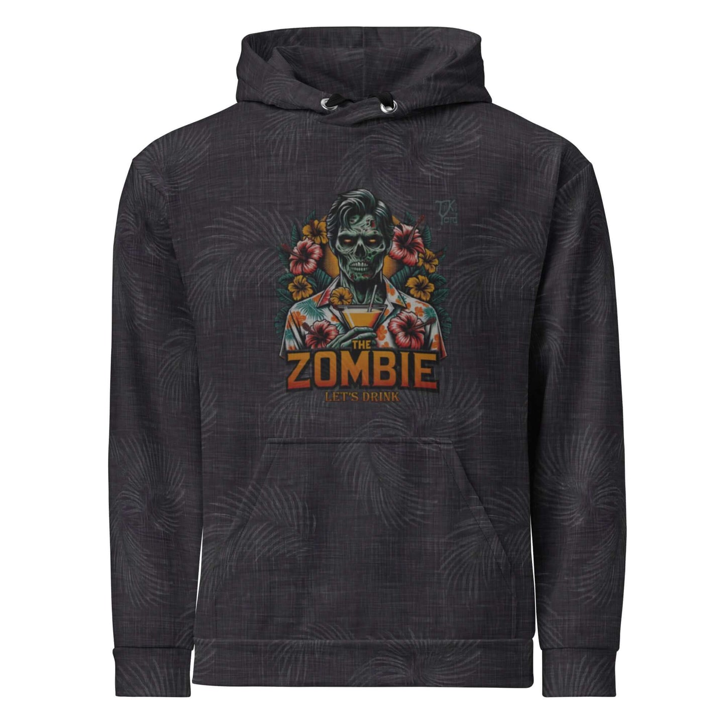 Hawaiian-themed hoodie featuring a humorous zombie drinking a cocktail design, titled "The Zombie – Let's Drink" on a black background.