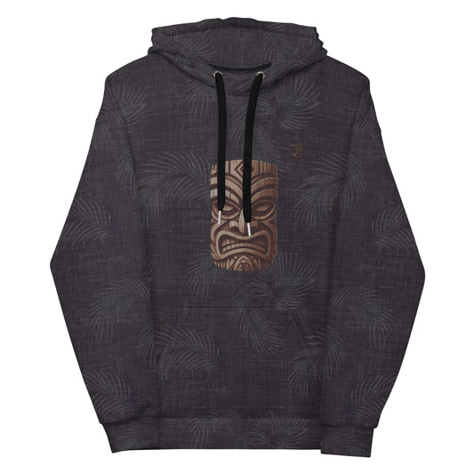 Tiki Mask Hawaiian Hoodie with bold tiki face design and tropical pattern background in dark tones, stylish and warm.