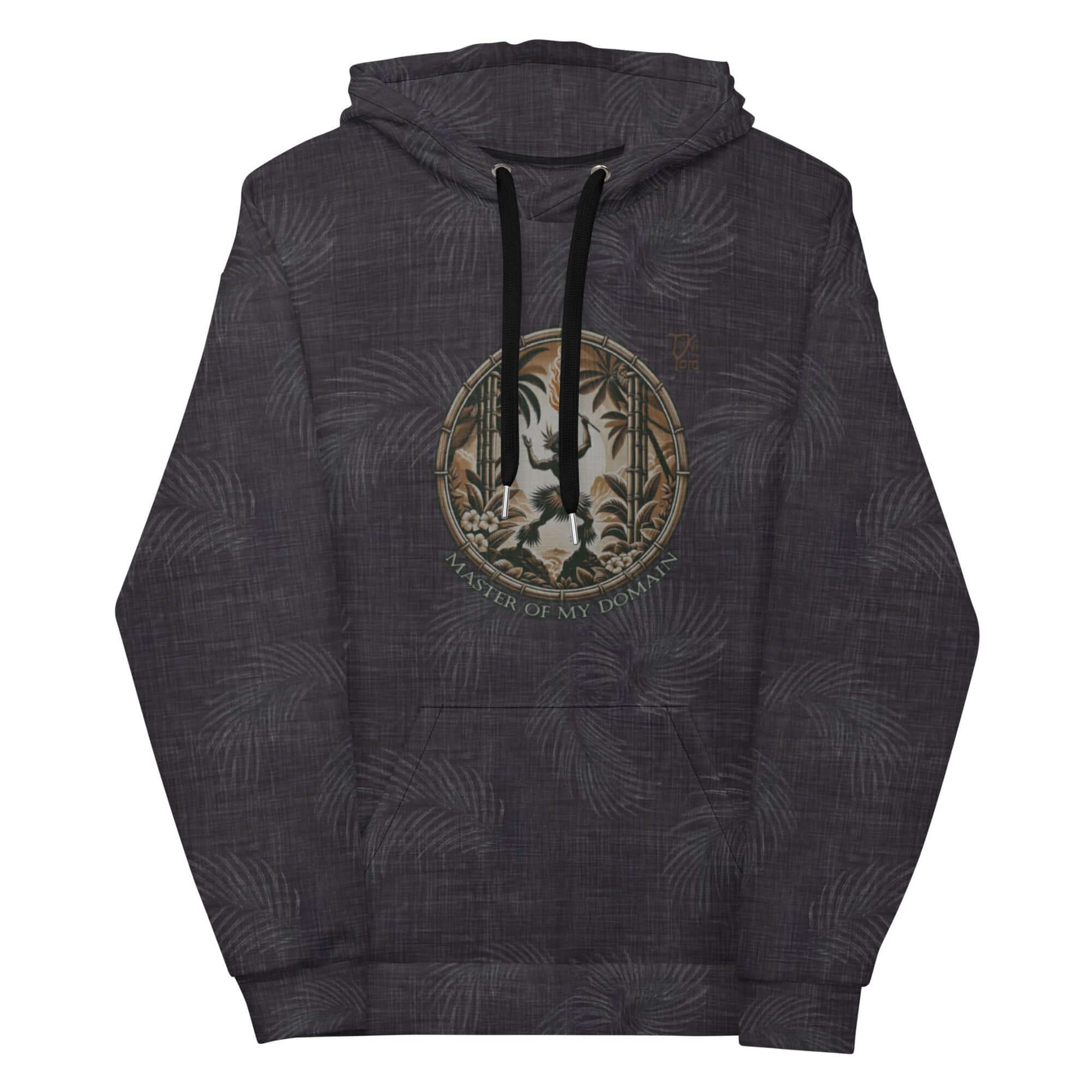 Hawaiian hoodie with fire dancer emblem and tropical pattern, titled "Master of My Domain"