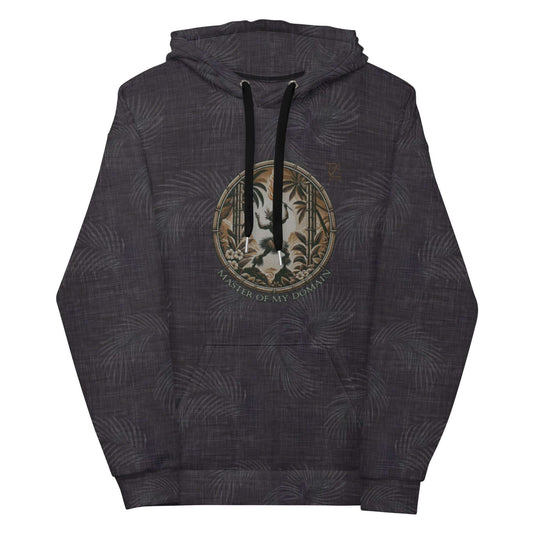 Hawaiian hoodie with fire dancer emblem and tropical pattern, titled "Master of My Domain"