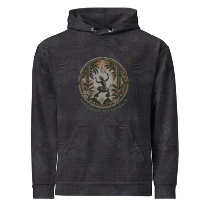 Hawaiian Hoodie with fire dancer emblem and tropical pattern, titled "Master of My Domain" in a dark color palette.