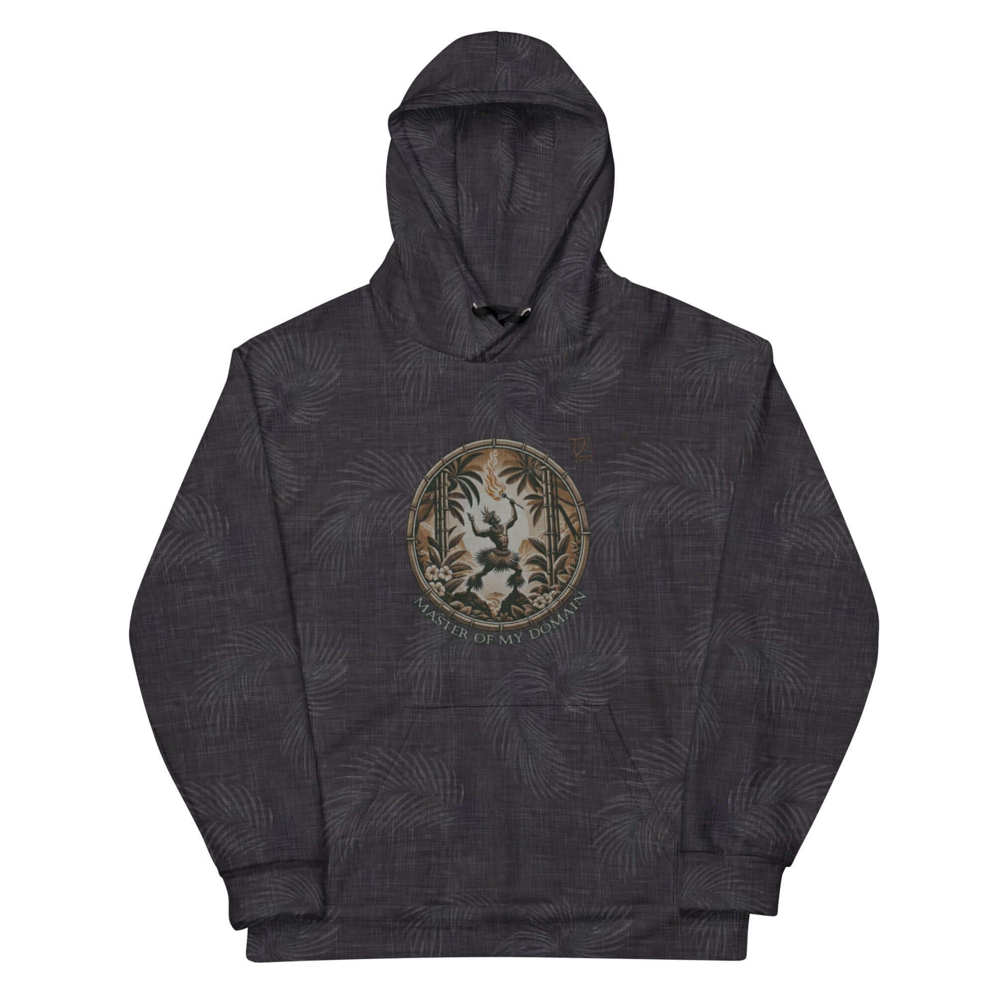 Hawaiian hoodie with fire dancer emblem and tropical pattern, titled "Master of My Domain"