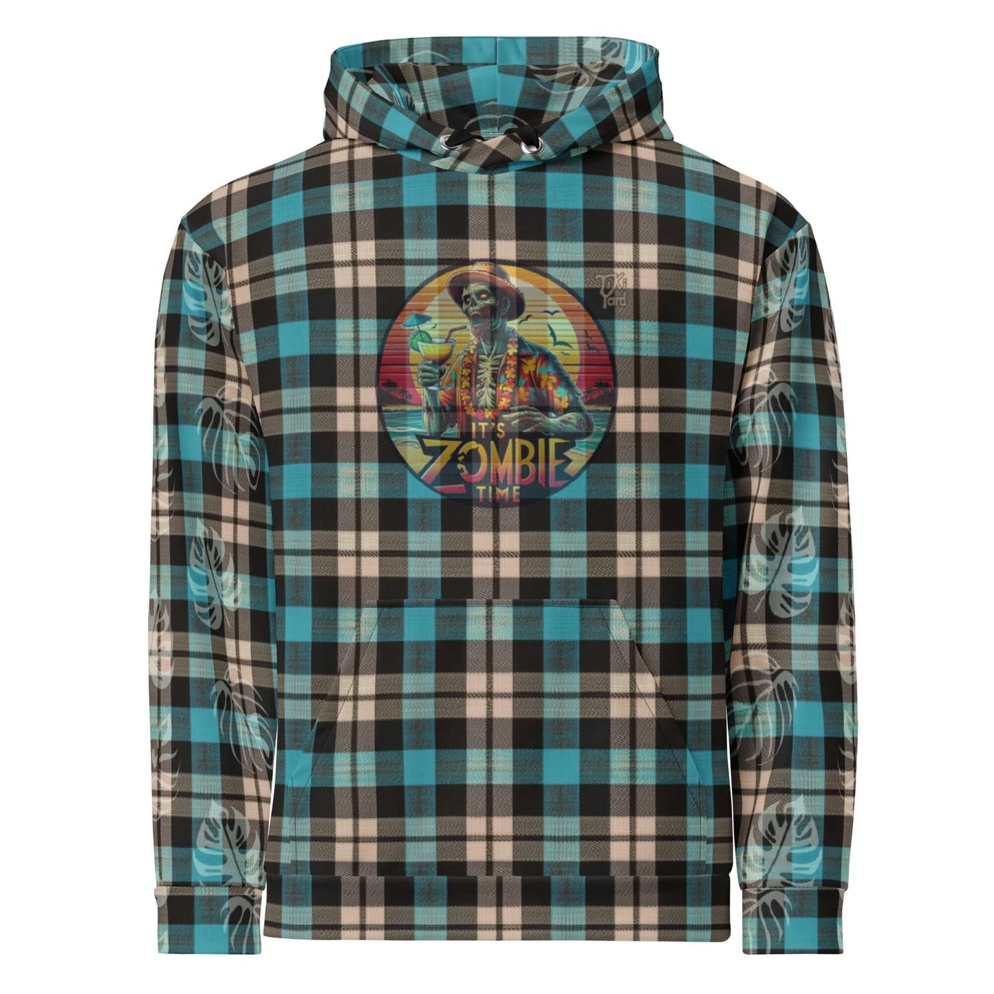 Hawaiian-style hoodie featuring a Zombie Time graphic with a zombie drinking a cocktail on a plaid pattern background.